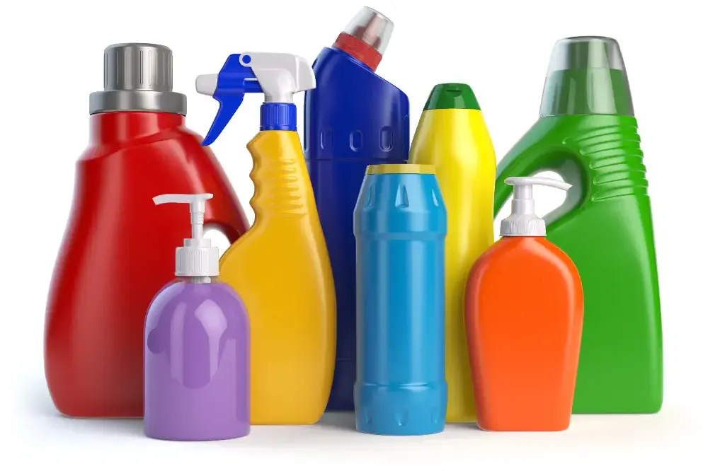 Detergent bottles and containers of cleaning supplies