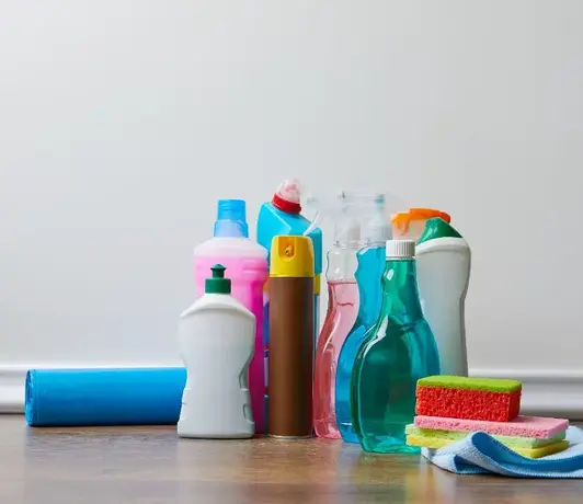 Different bottles of domestic hygiene and cleaning supplies